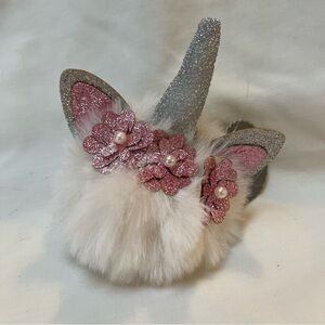 White Unicorn Puff Keychain/Bag Charm w/Flower Accents Faux Pearl Silver